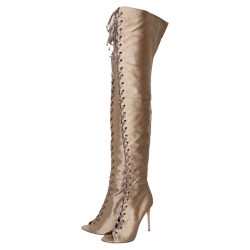Pre Owned Gianvito Rossi Beige Satin Marie Lace Up Over The Knee Boots Size 40