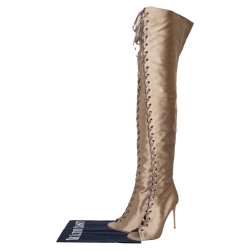 Pre Owned Gianvito Rossi Beige Satin Marie Lace Up Over The Knee Boots Size 40