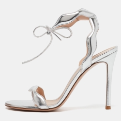 Silver Leather Wavy Ankle Tie Sandals
