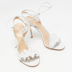 Pre Owned Gianvito Rossi White Ruffled Leather Ankle Wrap Sandals Size 35.5