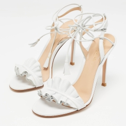 Pre Owned Gianvito Rossi White Ruffled Leather Ankle Wrap Sandals Size 35.5