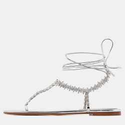 Silver Leather Ankle Wrap Thong Sandals