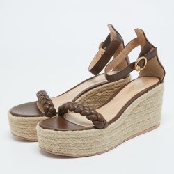 Gianvito Rossi Brown Braided Leather Merida Wedge Espadrille Platform Ankle Strap Sandals Size 40.5