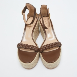 Gianvito Rossi Brown Braided Leather Merida Wedge Espadrille Platform Ankle Strap Sandals Size 40.5