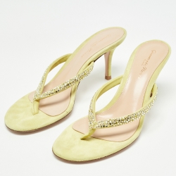 Pre Owned Gianvito Rossi Yellow Crystal Embellished Suede Thong Sandals Size 37