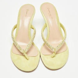 Pre Owned Gianvito Rossi Yellow Crystal Embellished Suede Thong Sandals Size 37