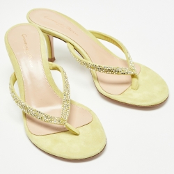 Pre Owned Gianvito Rossi Yellow Crystal Embellished Suede Thong Sandals Size 37