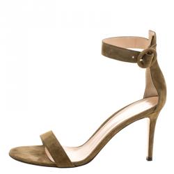 Pre Owned Gianvito Rossi Olive Green Suede Portofino Ankle Strap Sandals Size 39