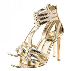 Pre Owned Gianvito Rossi Metallic Gold Python Embossed Leather T Strap Sandals Size 37