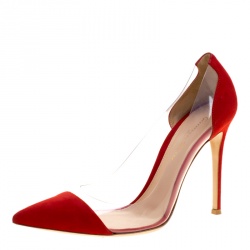 Pre Owned Gianvito Rossi Tabasco Red Suede and PVC Plexi Pointed Toe Pumps Size 37