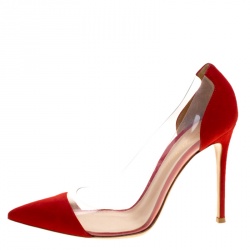 Pre Owned Gianvito Rossi Tabasco Red Suede and PVC Plexi Pointed Toe Pumps Size 37