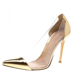 Pre Owned Gianvito Rossi Metallic Gold Leather and PVC Plexi Pointed Toe Pumps Size 35.5