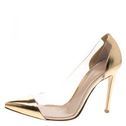 Pre Owned Gianvito Rossi Metallic Gold Leather and PVC Plexi Pointed Toe Pumps Size 35.5