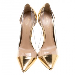 Pre Owned Gianvito Rossi Metallic Gold Leather and PVC Plexi Pointed Toe Pumps Size 35.5