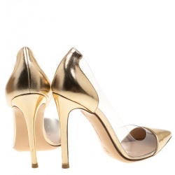Pre Owned Gianvito Rossi Metallic Gold Leather and PVC Plexi Pointed Toe Pumps Size 35.5