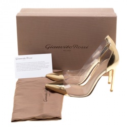 Pre Owned Gianvito Rossi Metallic Gold Leather and PVC Plexi Pointed Toe Pumps Size 35.5
