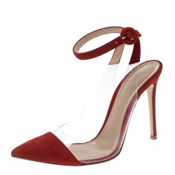 Pre Owned Gianvito Rossi Red Suede and PVC Anise Pointed Toe Ankle Strap Sandals Size 39