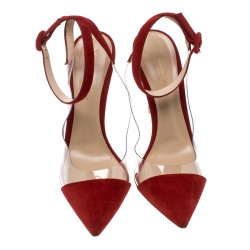 Pre Owned Gianvito Rossi Red Suede and PVC Anise Pointed Toe Ankle Strap Sandals Size 39