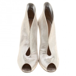 Pre Owned Gianvito Rossi Metallic Silver Leather Peep Toe Slip On Booties Size 41