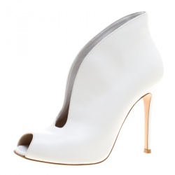 Pre Owned Gianvito Rossi White Leather Vamp Peep Toe Slip On Booties Size 38