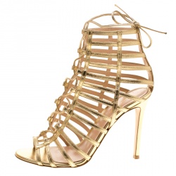 Pre Owned Gianvito Rossi Metallic Gold Leather Roxy Lace Up Caged Sandals Size 38