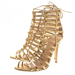 Pre Owned Gianvito Rossi Metallic Gold Leather Roxy Lace Up Caged Sandals Size 38