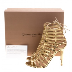 Pre Owned Gianvito Rossi Metallic Gold Leather Roxy Lace Up Caged Sandals Size 38