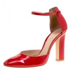 Pre Owned Gianvito Rossi Tabasco Red Patent Leather Ankle Strap D'orsay Pumps Size 39.5