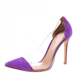 Pre Owned Gianvito Rossi Purple Suede and PVC Plexi Pointed Toe Pumps Size 36.5