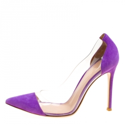 Pre Owned Gianvito Rossi Purple Suede and PVC Plexi Pointed Toe Pumps Size 36.5