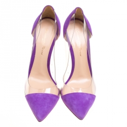Pre Owned Gianvito Rossi Purple Suede and PVC Plexi Pointed Toe Pumps Size 36.5