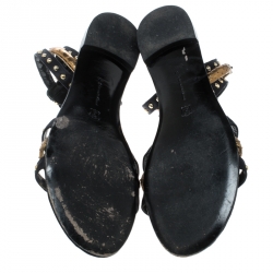 Pre Owned Gianvito Rossi Black Studded Satin And Metallic Gold Python Leather Ankle Strap Flat Open Toe Sandals Size 41