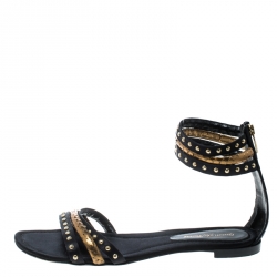 Pre Owned Gianvito Rossi Black Studded Satin And Metallic Gold Python Leather Ankle Strap Flat Open Toe Sandals Size 41