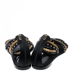 Pre Owned Gianvito Rossi Black Studded Satin And Metallic Gold Python Leather Ankle Strap Flat Open Toe Sandals Size 41