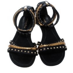 Pre Owned Gianvito Rossi Black Studded Satin And Metallic Gold Python Leather Ankle Strap Flat Open Toe Sandals Size 41