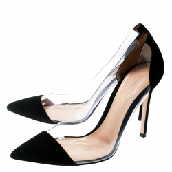 Pre Owned Gianvito Rossi Black Suede and PVC Plexi Pointed Toe Pumps Size 38.5