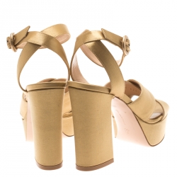 Pre Owned Gianvito Rossi Gold Satin Block Heel Cross Strap Platform Sandals Size 35.5