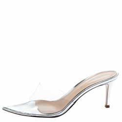 Pre Owned Gianvito Rossi PVC And Metallic Silver Leather Peep Toe Slides Size 36.5