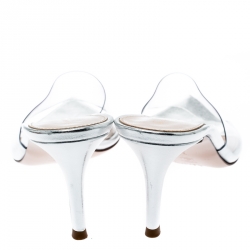 Pre Owned Gianvito Rossi PVC And Metallic Silver Leather Peep Toe Slides Size 36.5