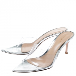 Pre Owned Gianvito Rossi PVC And Metallic Silver Leather Peep Toe Slides Size 36.5