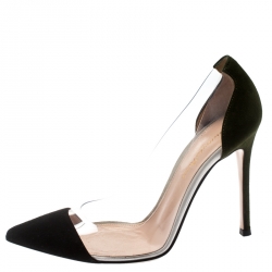 Pre Owned Gianvito Rossi Black/Green Suede And PVC Plexi Pointed Toe Pumps Size 37