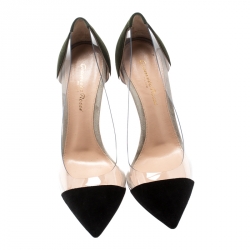 Pre Owned Gianvito Rossi Black/Green Suede And PVC Plexi Pointed Toe Pumps Size 37