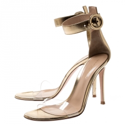 Pre Owned Gianvito Rossi Metallic Gold Leather And PVC Stella Ankle Strap Sandals Size 38