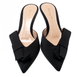Pre Owned Gianvito Rossi Black Canvas Kyoto Bow Detail Pointed Toe Mules Size 36.5