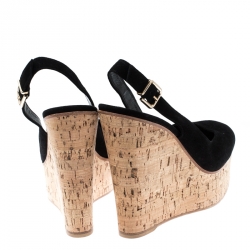 Pre Owned Gianvito Rossi Black Suede Cork Wedge Platform Sandals Size 39.5