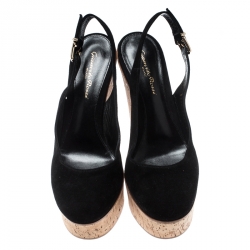 Pre Owned Gianvito Rossi Black Suede Cork Wedge Platform Sandals Size 39.5