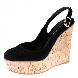 Pre Owned Gianvito Rossi Black Suede Cork Wedge Platform Sandals Size 39.5
