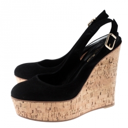 Pre Owned Gianvito Rossi Black Suede Cork Wedge Platform Sandals Size 39.5