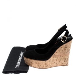Pre Owned Gianvito Rossi Black Suede Cork Wedge Platform Sandals Size 39.5