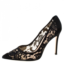 Pre Owned Gianvito Rossi Black Suede/Lace Pointed Toe Pumps Size 37.5